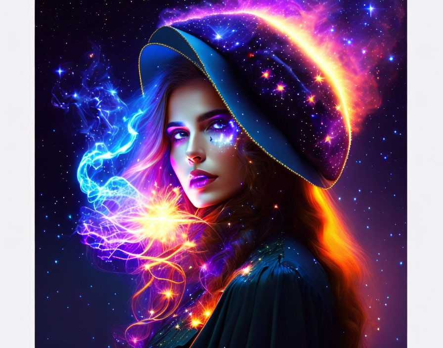 Woman with Cosmic-Themed Makeup and Attire in Galaxy Hat