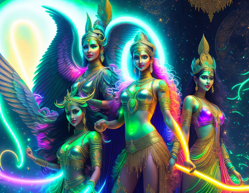 Vibrant mythical female figures with wings and golden adornments on cosmic background.