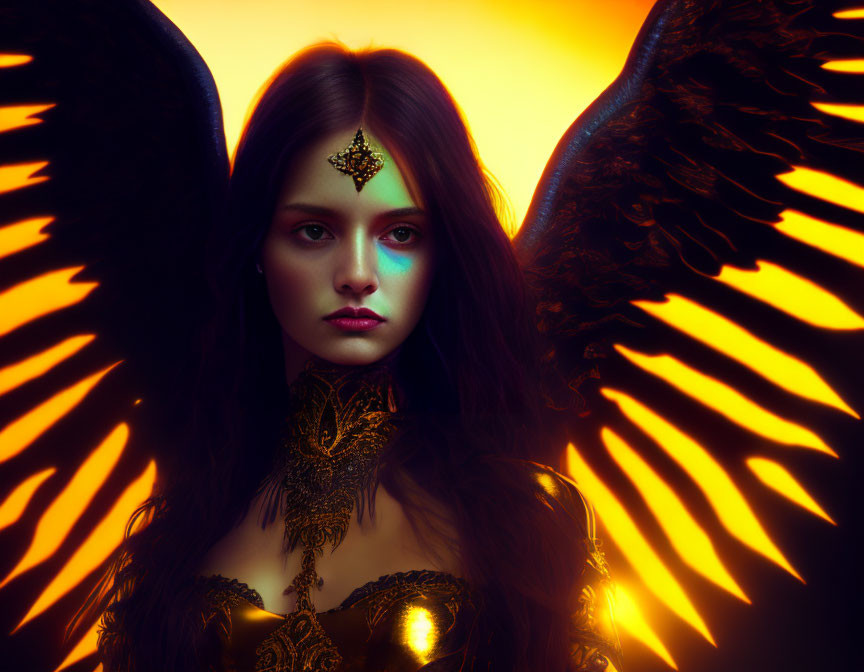 Mysterious woman with glowing black wings and golden attire in warm, fiery light