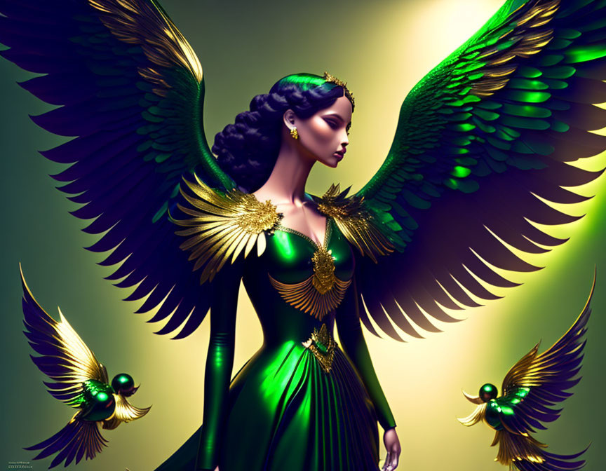 Digital artwork: Majestic woman with bird-like wings in green and gold attire