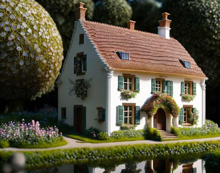 Miniature house with red tile roof in manicured garden setting.