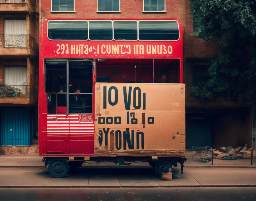 Red Double-Decker Bus Blocked by Large Cardboard Box with Inverted Text