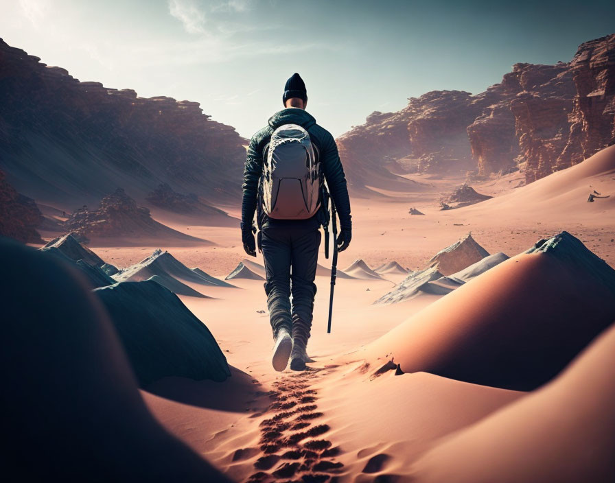 Solitary figure in jacket and backpack traverses vast desert landscape with sand dunes under clear sky