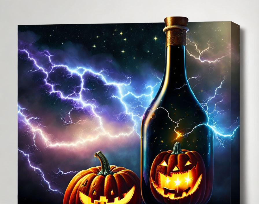 Canvas Art: Two Jack-o’-lanterns, Bottle, Galaxy, Lightning Background