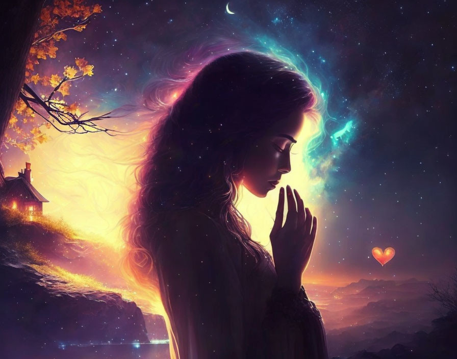 Digital art: Woman silhouette blends with cosmic and autumn elements in surreal scene