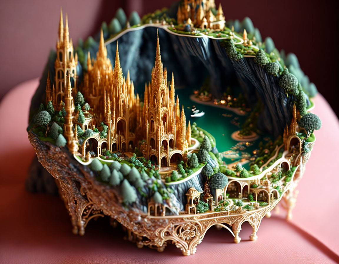 Detailed miniature fantasy landscape with golden cathedrals and lush greenery