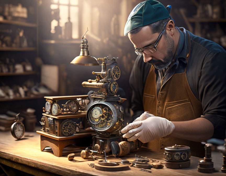 Craftsman in gloves and apron working on mechanical device in vintage workshop.