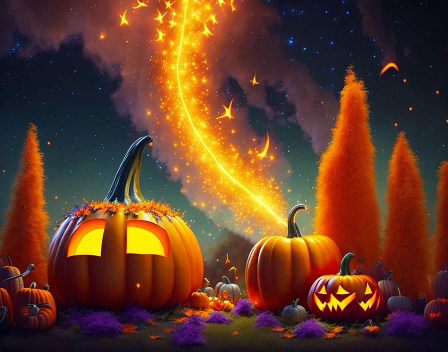 Whimsical Halloween scene with glowing pumpkins and magical star trail