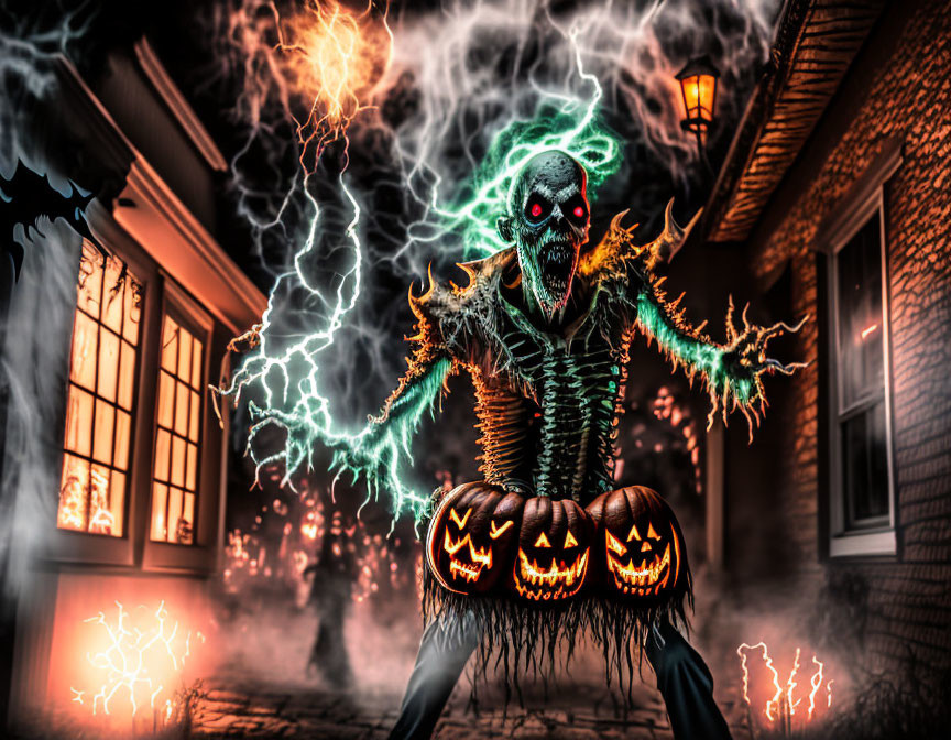Spooky skeleton creature with glowing eyes and jack-o'-lanterns on cobblestone path
