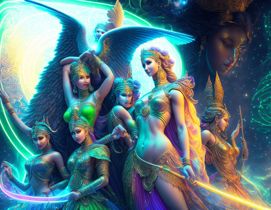 Mythological artwork featuring a multi-armed goddess and celestial background