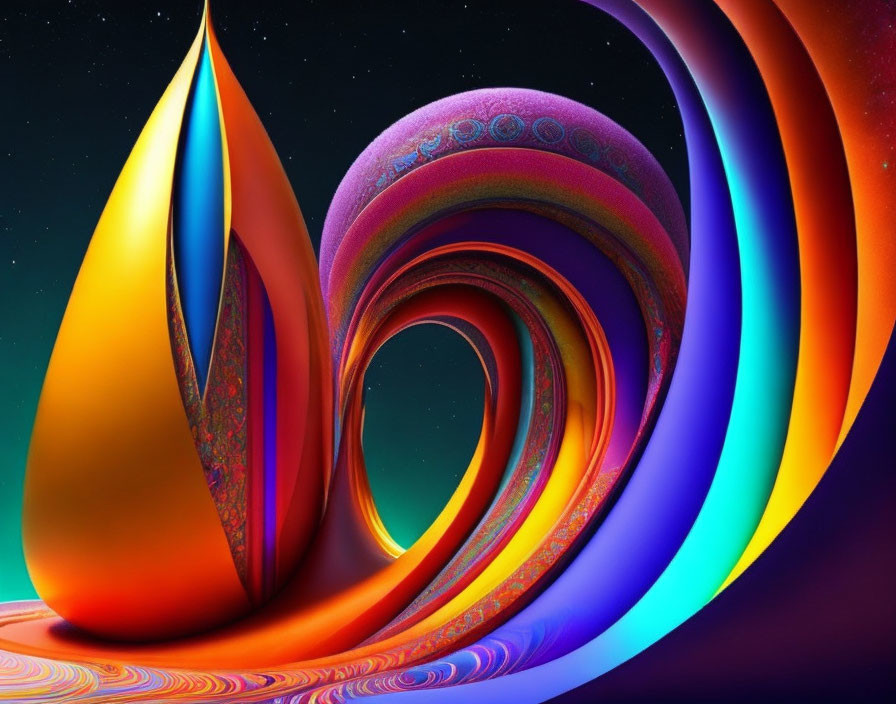 Abstract Digital Art: Colorful Loops on Starry Night Sky