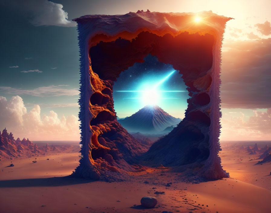 Surreal desert landscape with rocky arch and distant luminous mountain