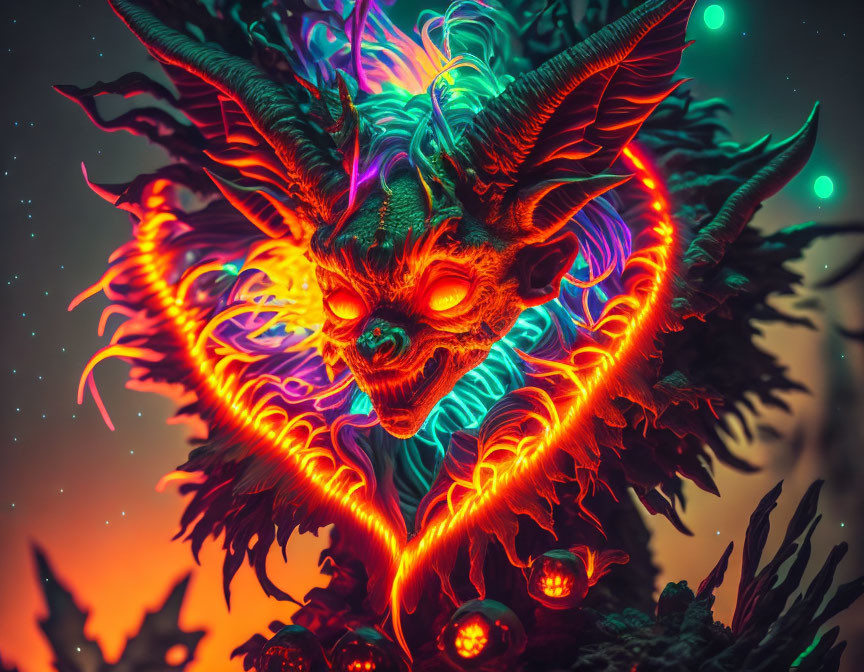 Vibrant neon-colored mythical dragon with glowing eyes and heart in fantastical setting.