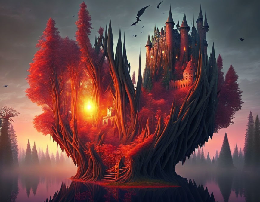 Mystical castle in giant tree with red foliage at sunset