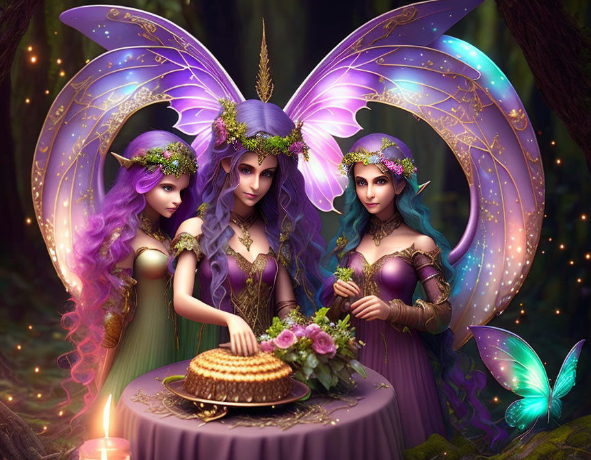 Ethereal fairies with vibrant wings in enchanted forest scene