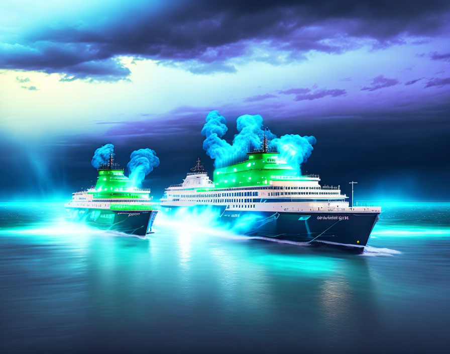 Cruise ships with green decks and blue smoke on teal sea under dramatic sky