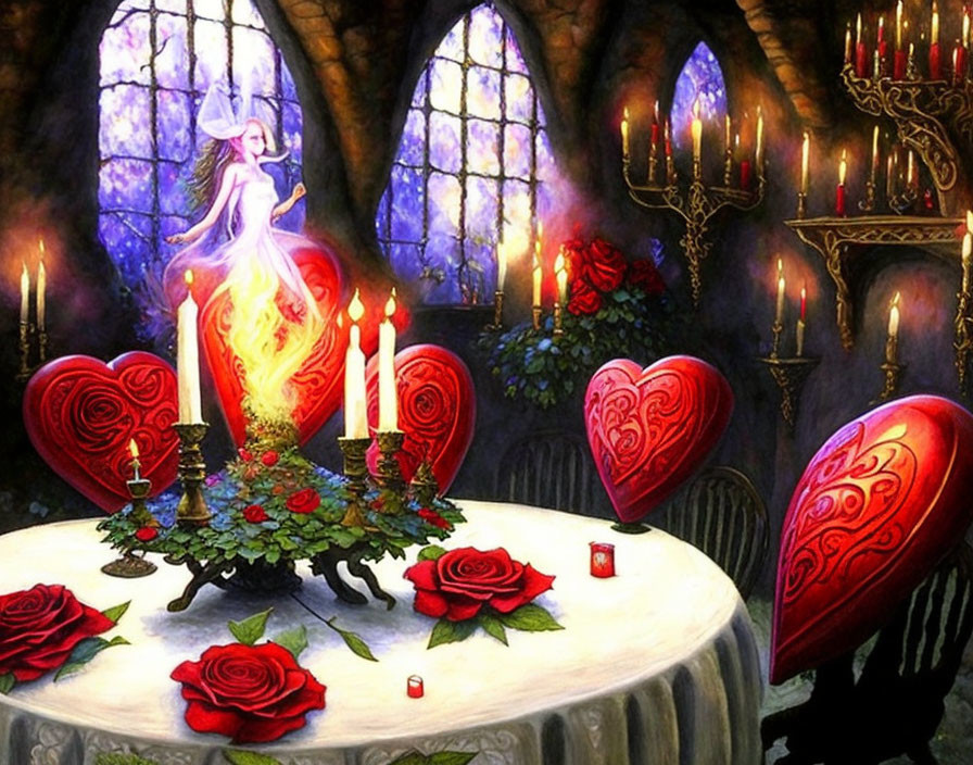 Ethereal woman in gothic room with candles and roses
