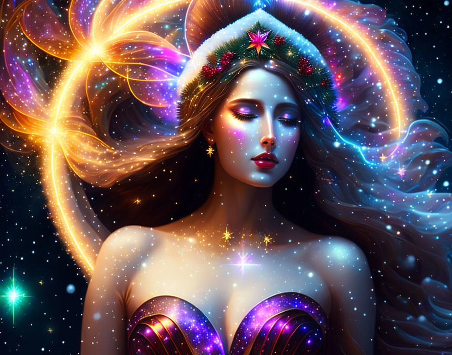 Celestial-themed fantasy artwork of a woman with star-adorned hair and glowing lights