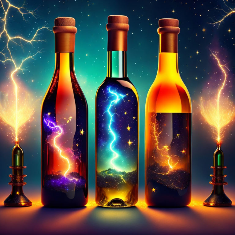 Colorful Magical Bottles on Starry Lightning Background