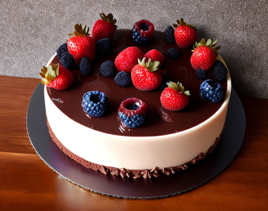 Chocolate cake with mixed berries on wooden table