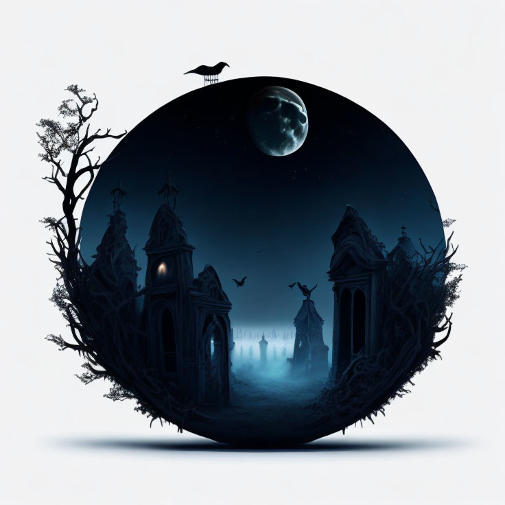 Circular Frame Depicting Haunting Night Scene