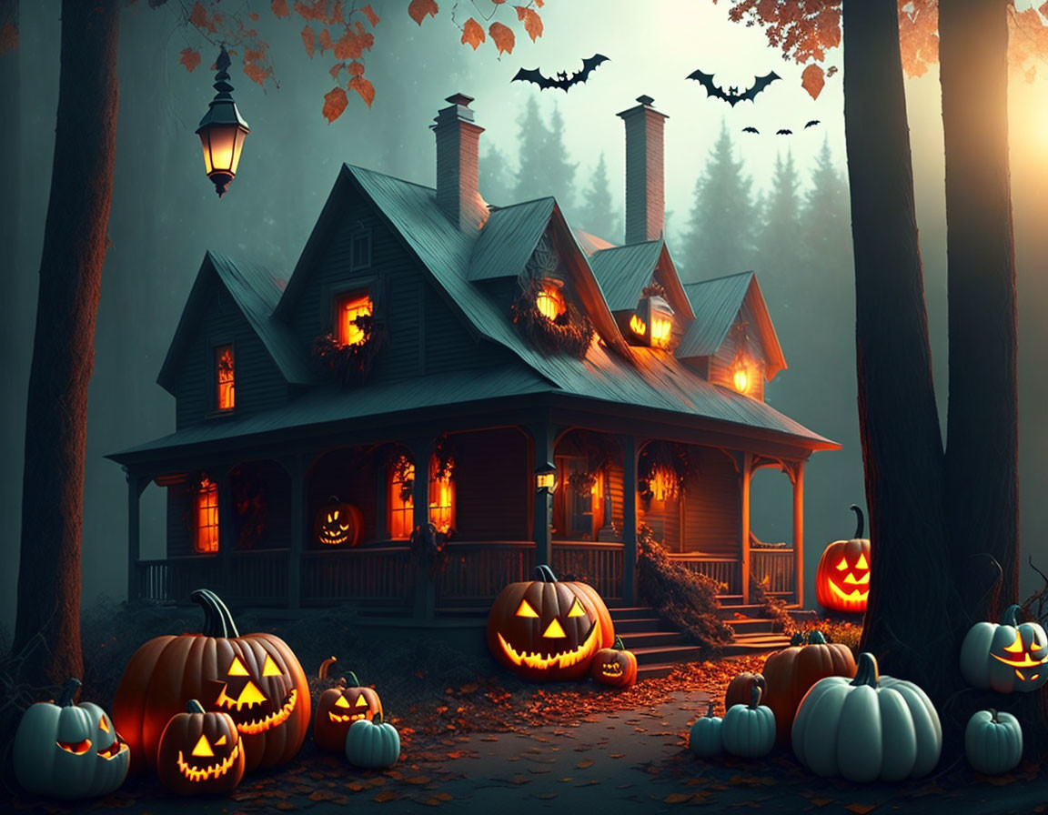 Eerie Halloween scene: jack-o'-lanterns, haunted house, bats, forest.