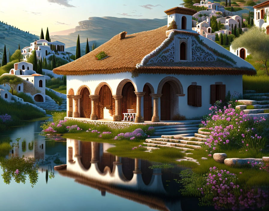 Tranquil digital artwork: Mediterranean villa by reflective lake