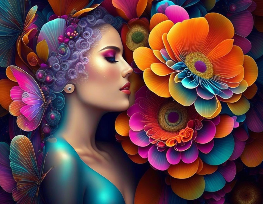 Colorful Woman Illustration with Flowers and Butterflies in Hair