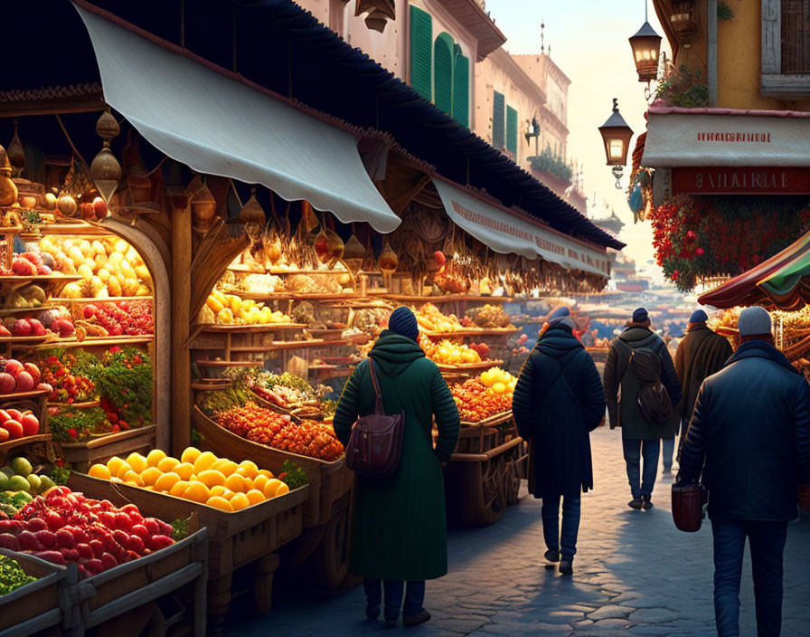 Vibrant street market with colorful produce stalls and busy shoppers