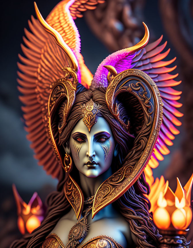 Detailed mythical figure statue with ornate wings, horns, and serene expression in warm lighting