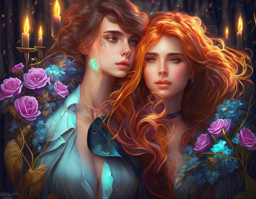 Stylized animated women with flowing hair in fantasy setting