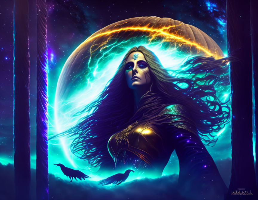 Mystical woman with flowing hair and glowing planet in dark forest scene