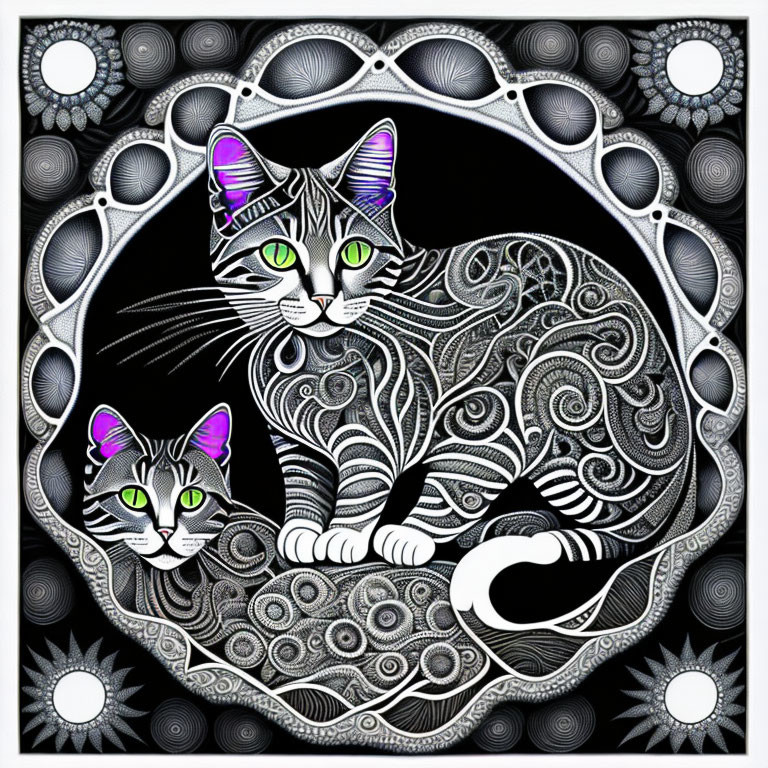 Stylized cats with intricate patterns in circular frame with celestial motifs