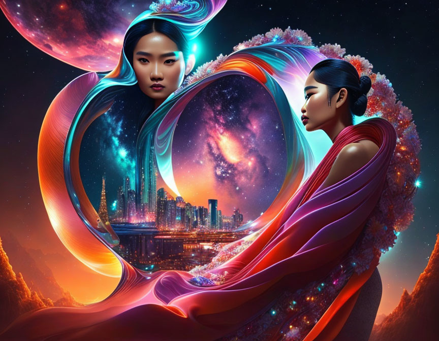 Stylized women with ribbon-like hair in cosmic backdrop with futuristic city skyline