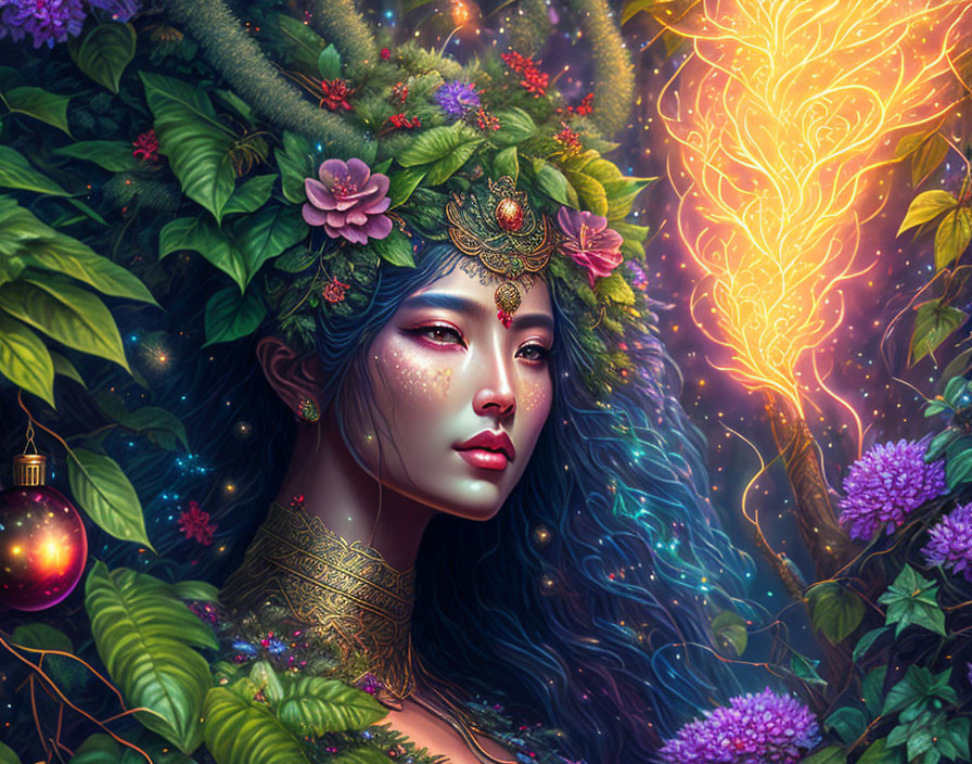 Ethereal woman adorned with greenery and flowers in mystical glow.