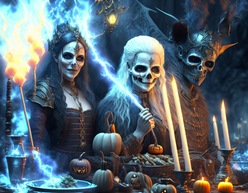 Skeleton Figures with Ornate Headpieces at Table with Candles and Blue Flame