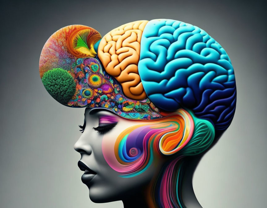 Colorful Abstract Brain Profile of Woman's Face