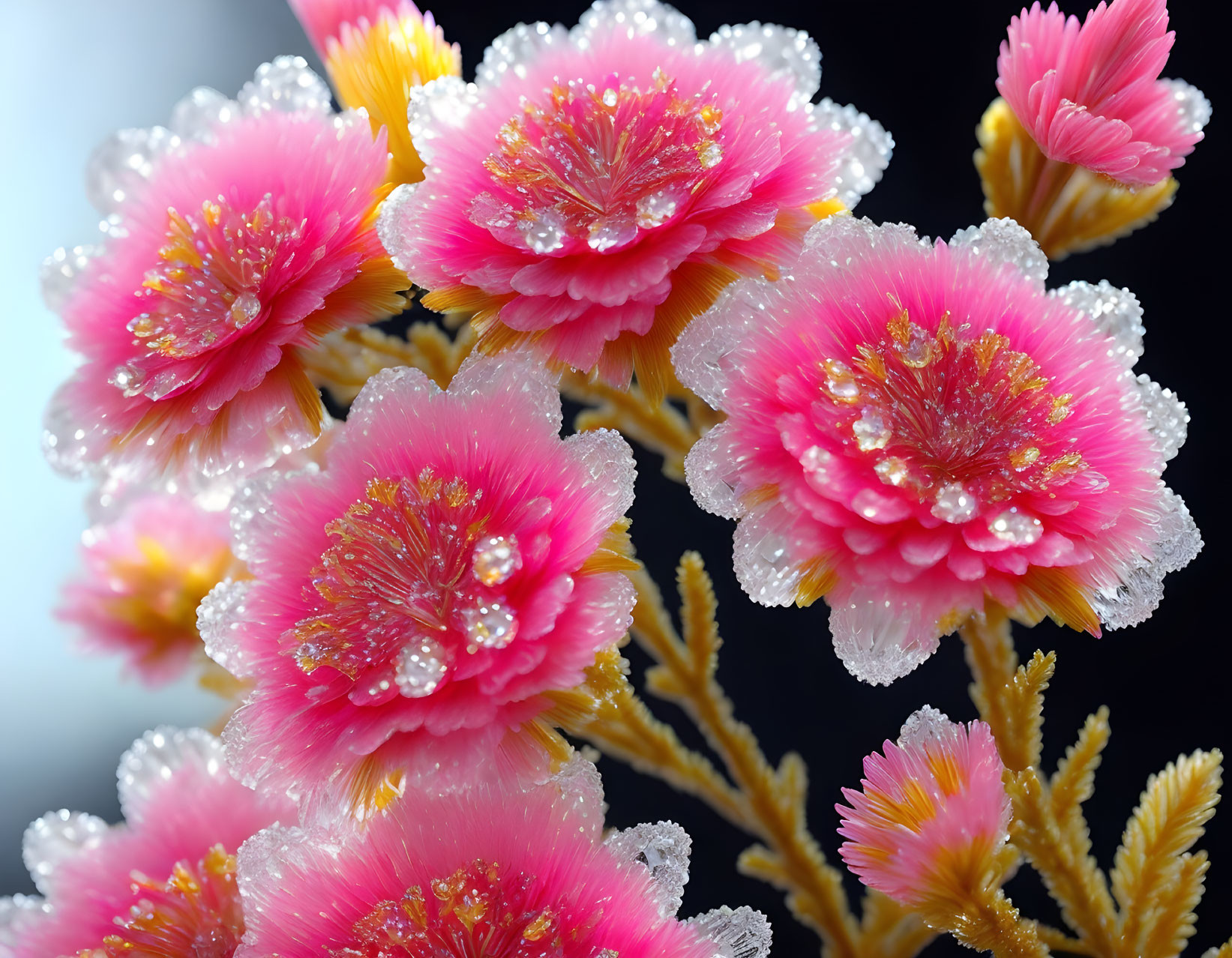 Pink flowers with dew drops on petals against blurred background - delicate details and fresh appearance