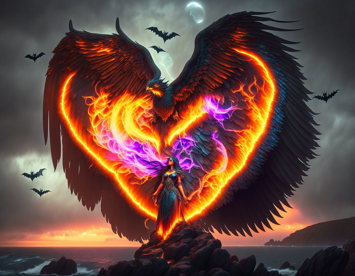 Majestic phoenix with fiery wings and warrior overlooking stormy sea under crescent moon.