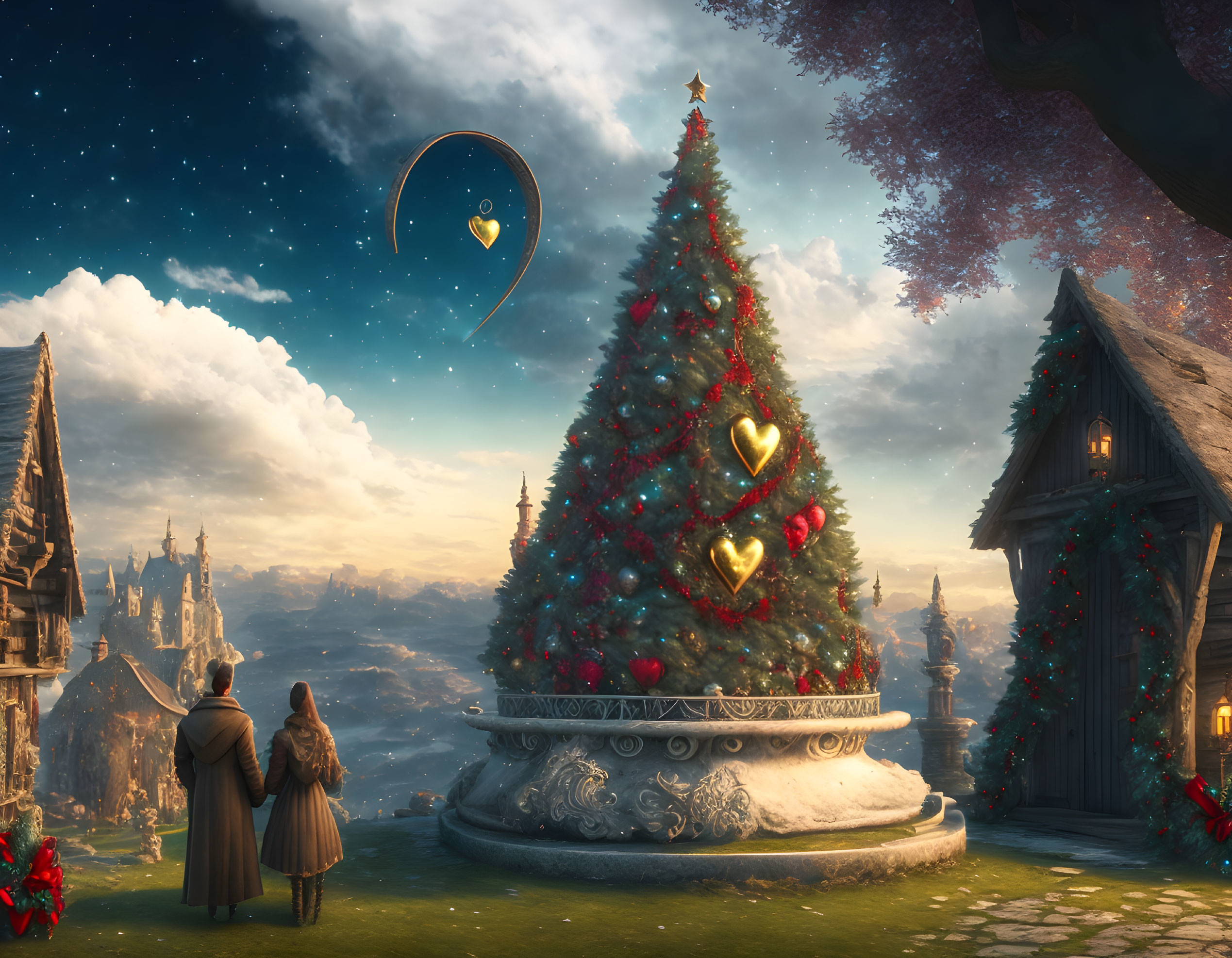 Fantasy landscape with couple admiring Christmas tree in ornate setting