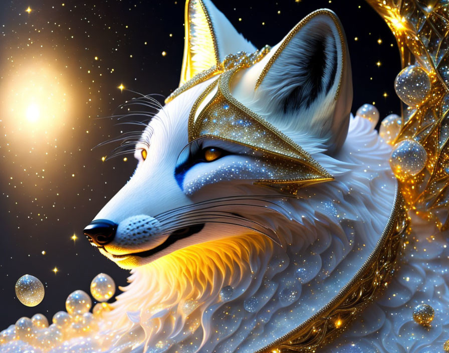 Sparkling Fox with Golden Crown and Twinkling Stars Background