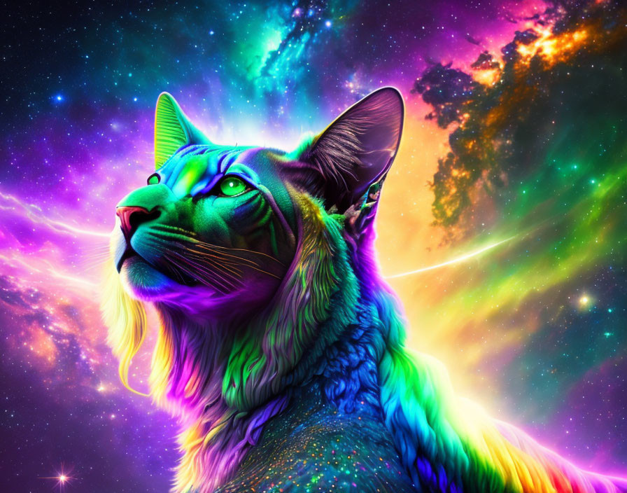 Colorful Digital Artwork: Cat Profile on Cosmic Rainbow Background