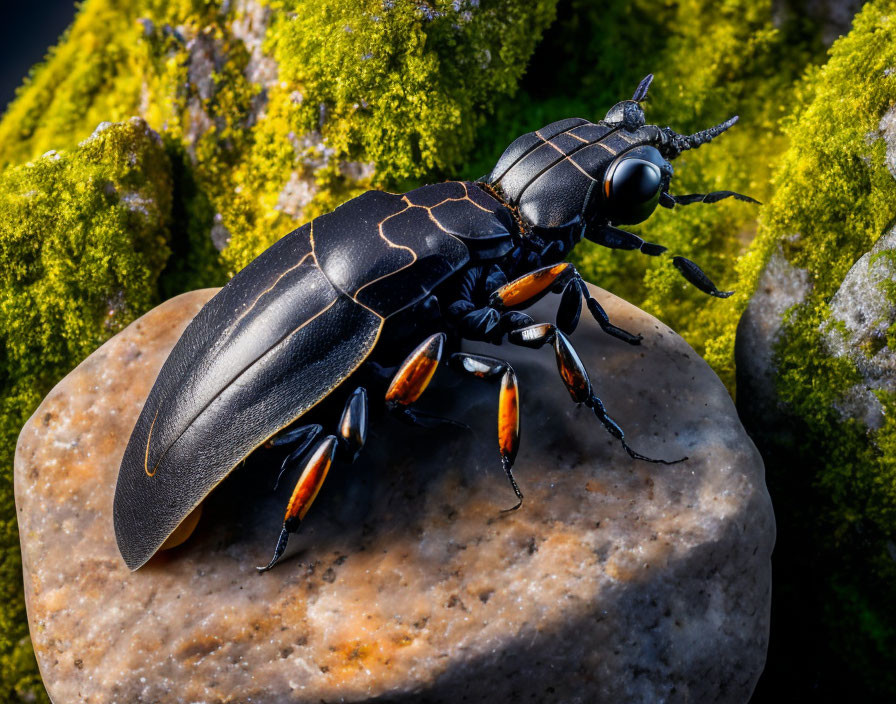 Detailed Close-Up: Black Beetle with Orange Legs on Rock Amid Green Moss