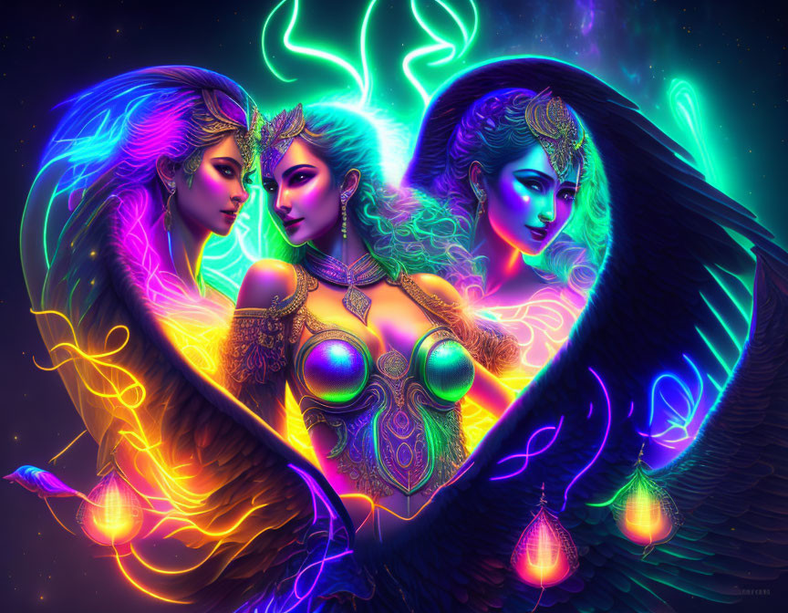 Ethereal women in golden jewelry and glowing attire under neon aurora