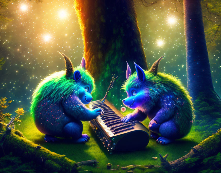 Colorful fantastical creatures playing piano in enchanted forest