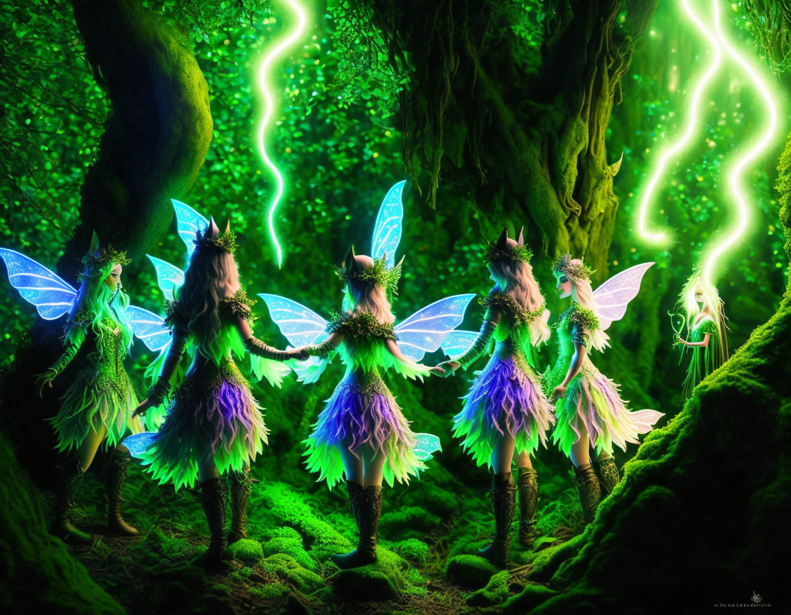 Four glowing winged fairies in vibrant green forest with luminescent plants.