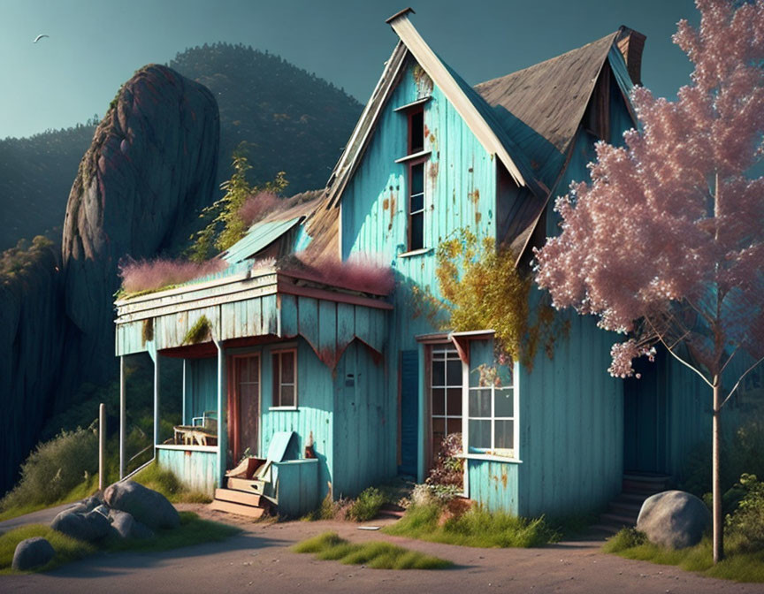 Blue wooden house in serene landscape with pink trees and mountains