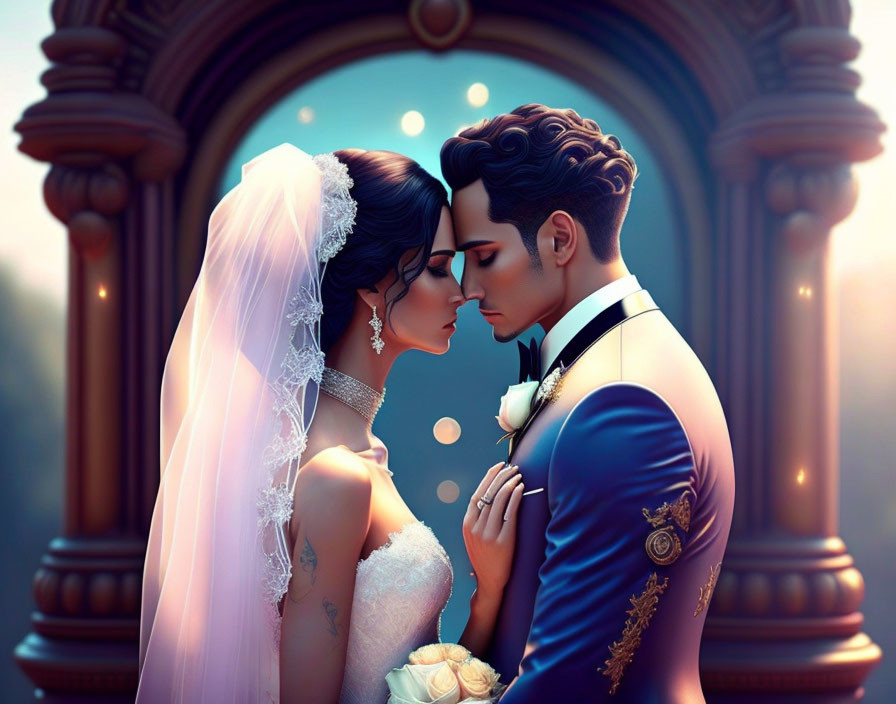 Illustrated bride and groom in romantic moment with arch and moody lighting