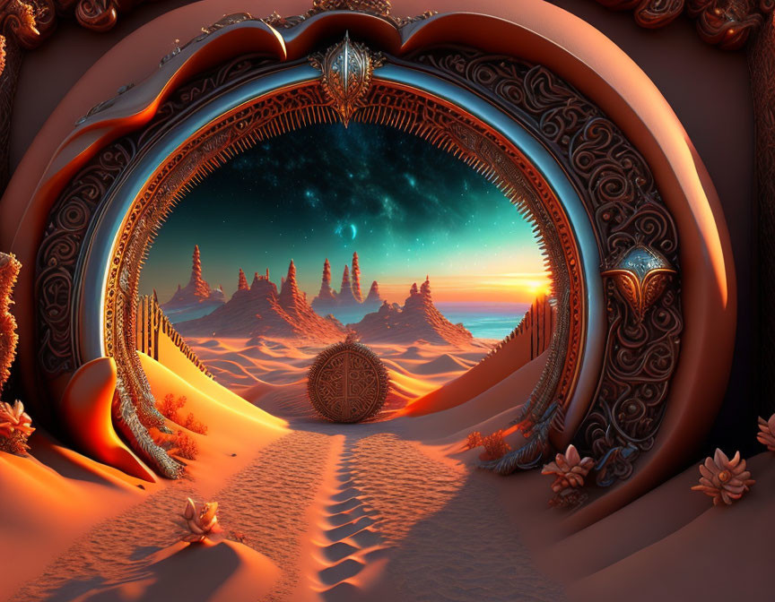 Surreal landscape with circular frame and starry night sky above desert dunes