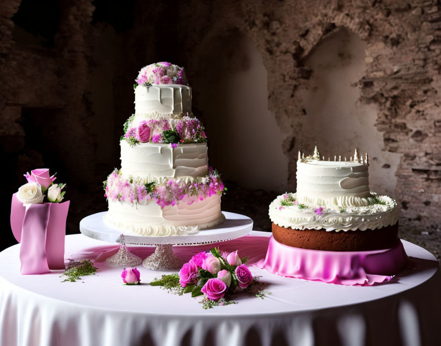 White Wedding Cake with Pink Roses and Smaller Cakes on Rustic Table